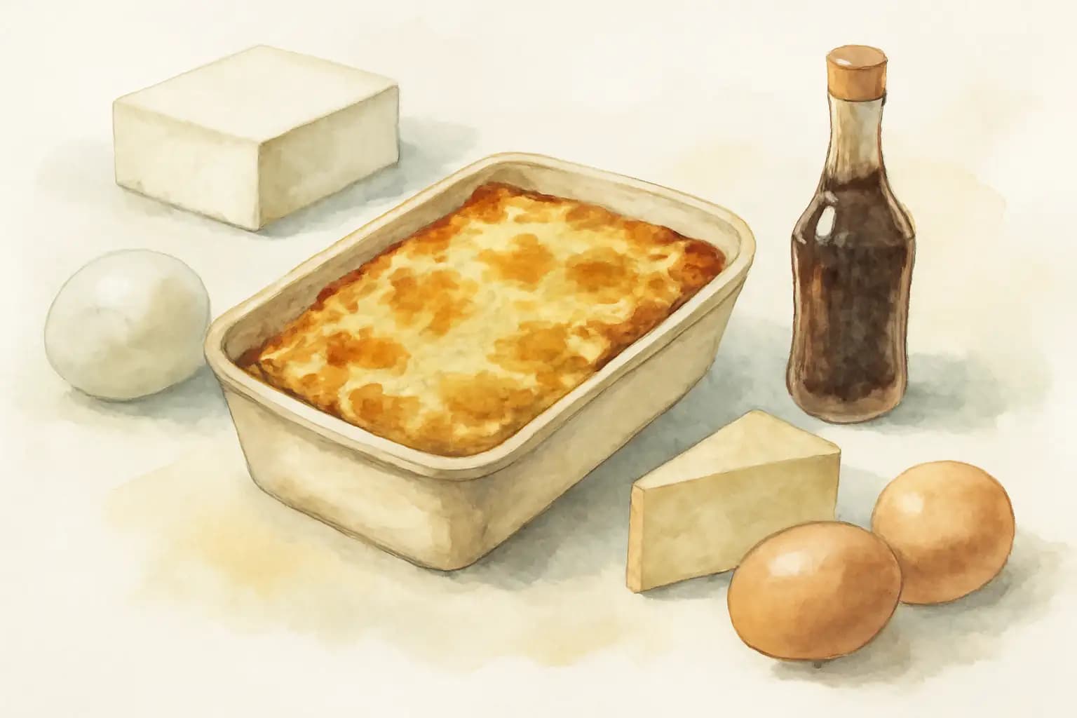 Illustration for Cheesy Worcestershire Tofu Bake