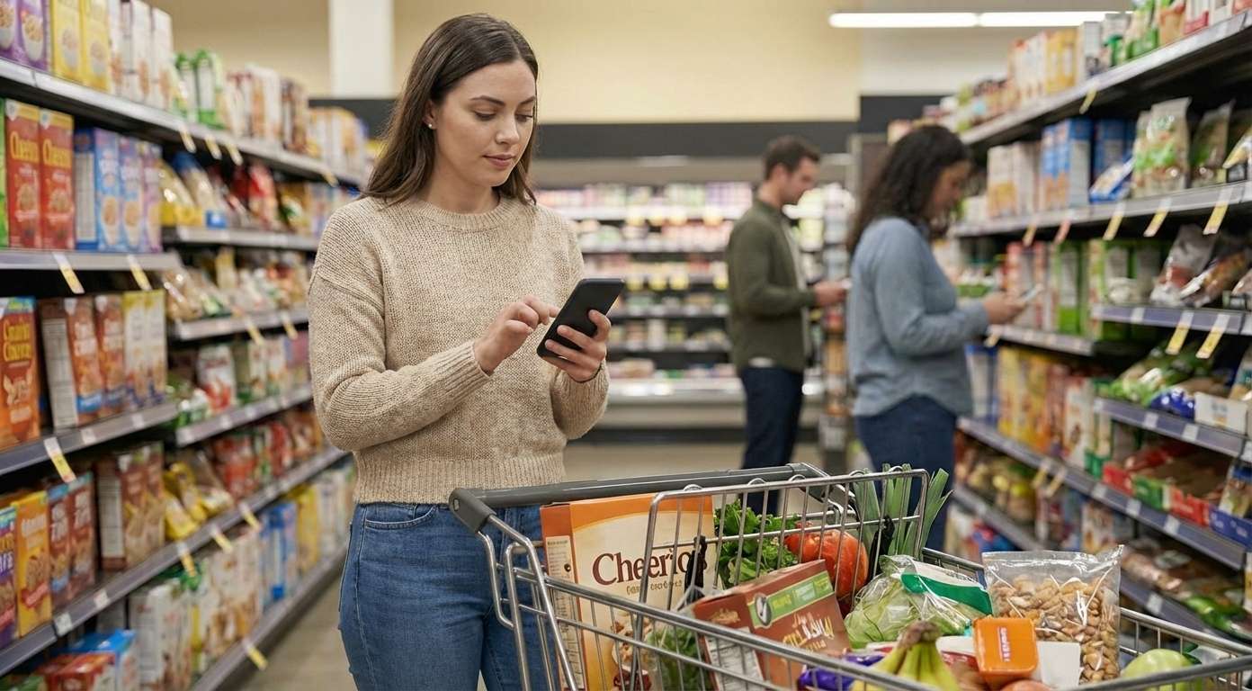 Woman shopping in supermarket with phone